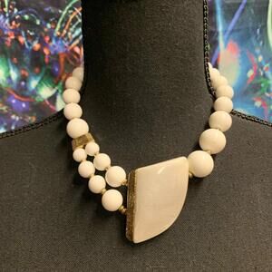 Vintage Statement Necklace with White Beads and Gold Accents